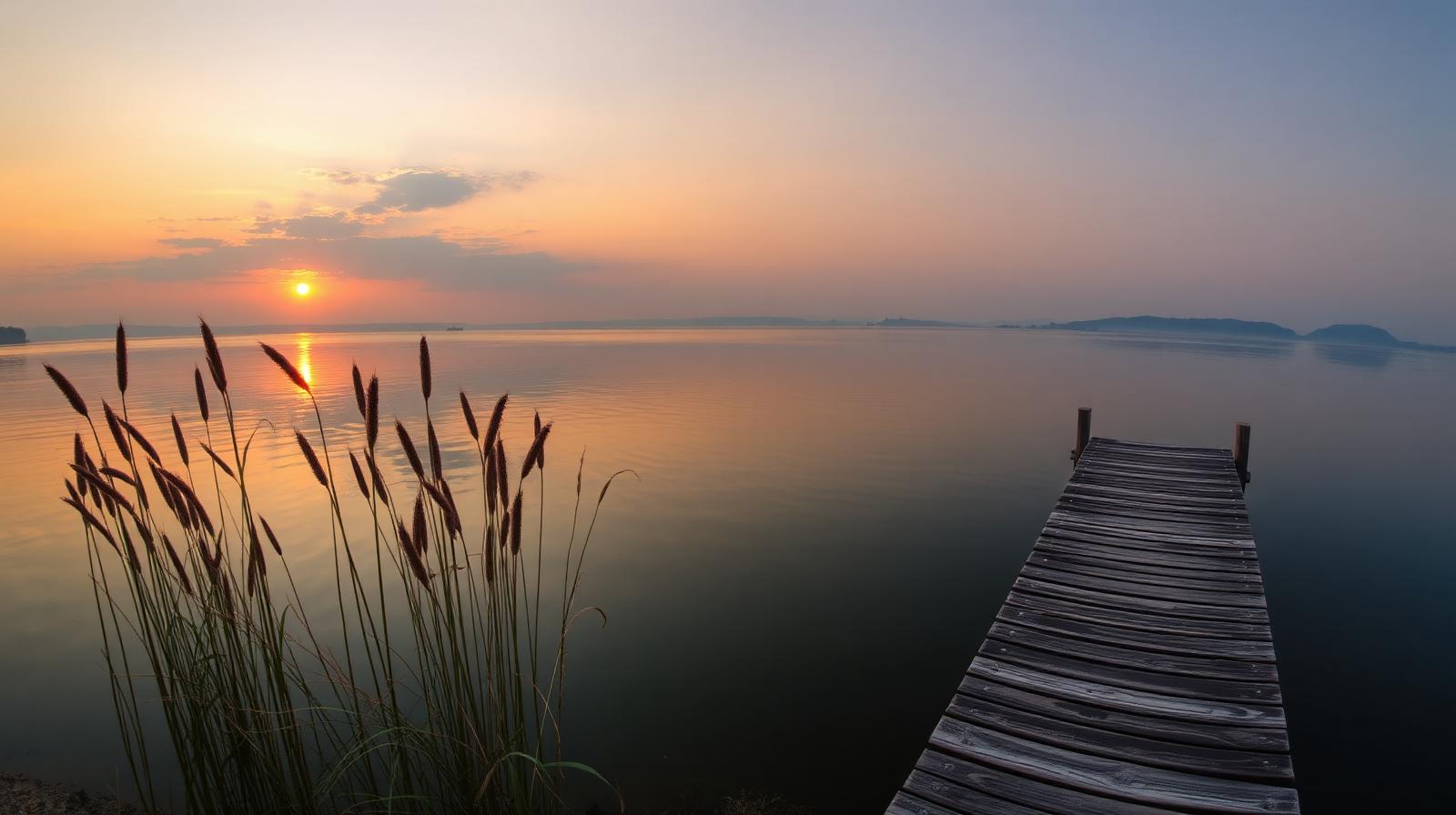Naplemente a Balaton-parti stégen, nádasban